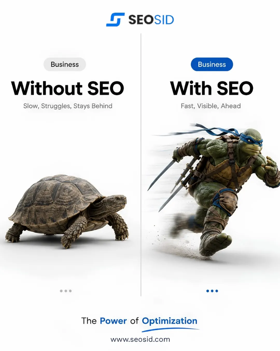 SEOSID Instagram carousel comparing a business without SEO to a business with SEO